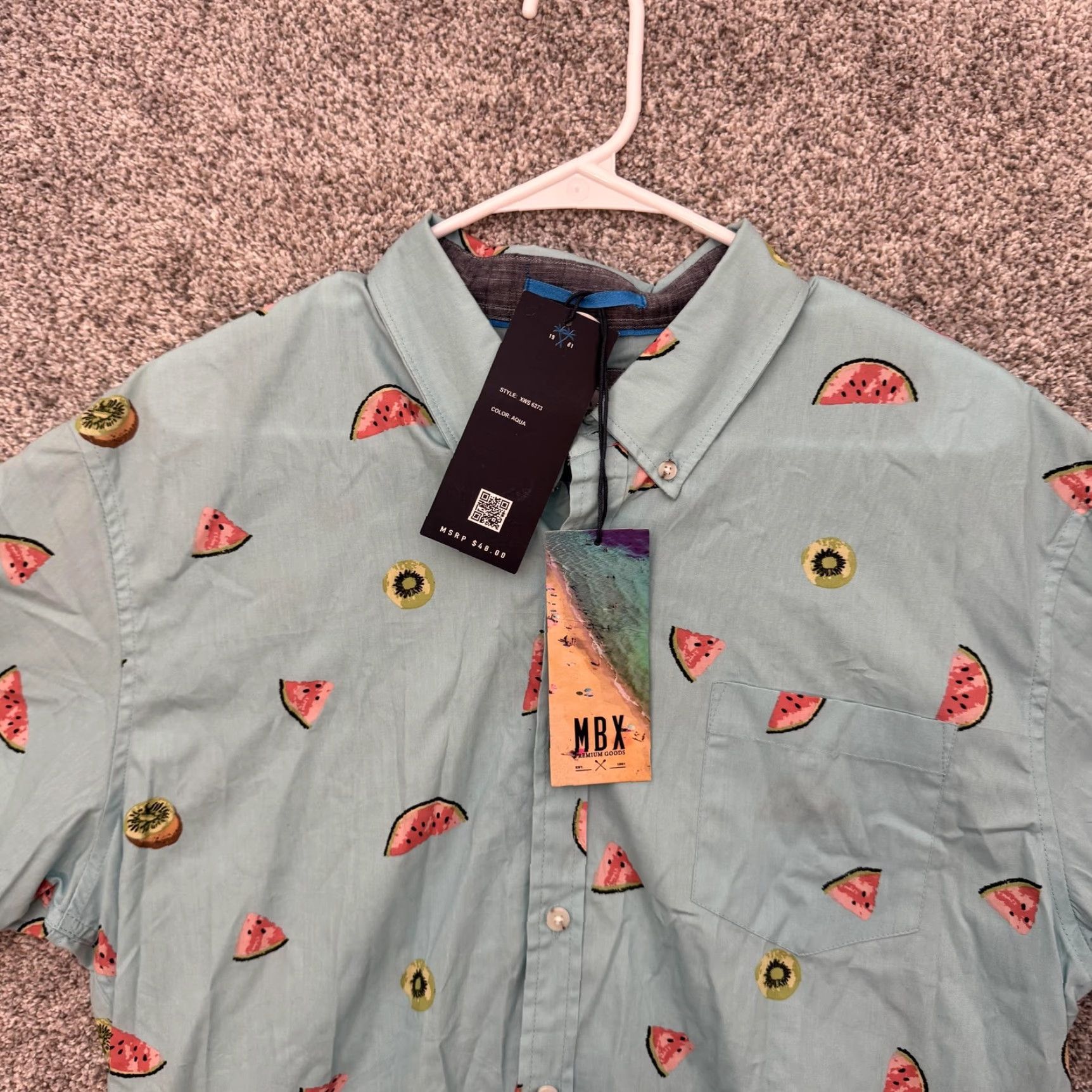 Paradise MBX Paradise Shirt Mens XL Blue Watermelon Kiwi Print Button Up Tropical NWT Size US XL / EU 56 / 4 - 3 Thumbnail