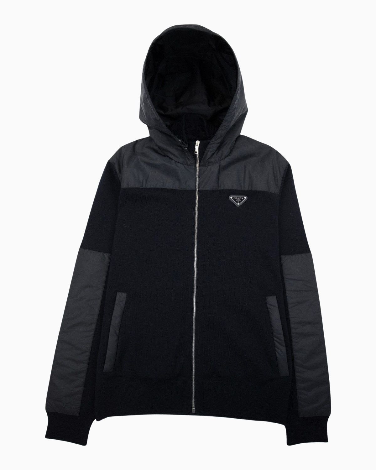 image of Prada Nylon And Cotton Hooded Zip Up Sweater in Black, Men's (Size Small)