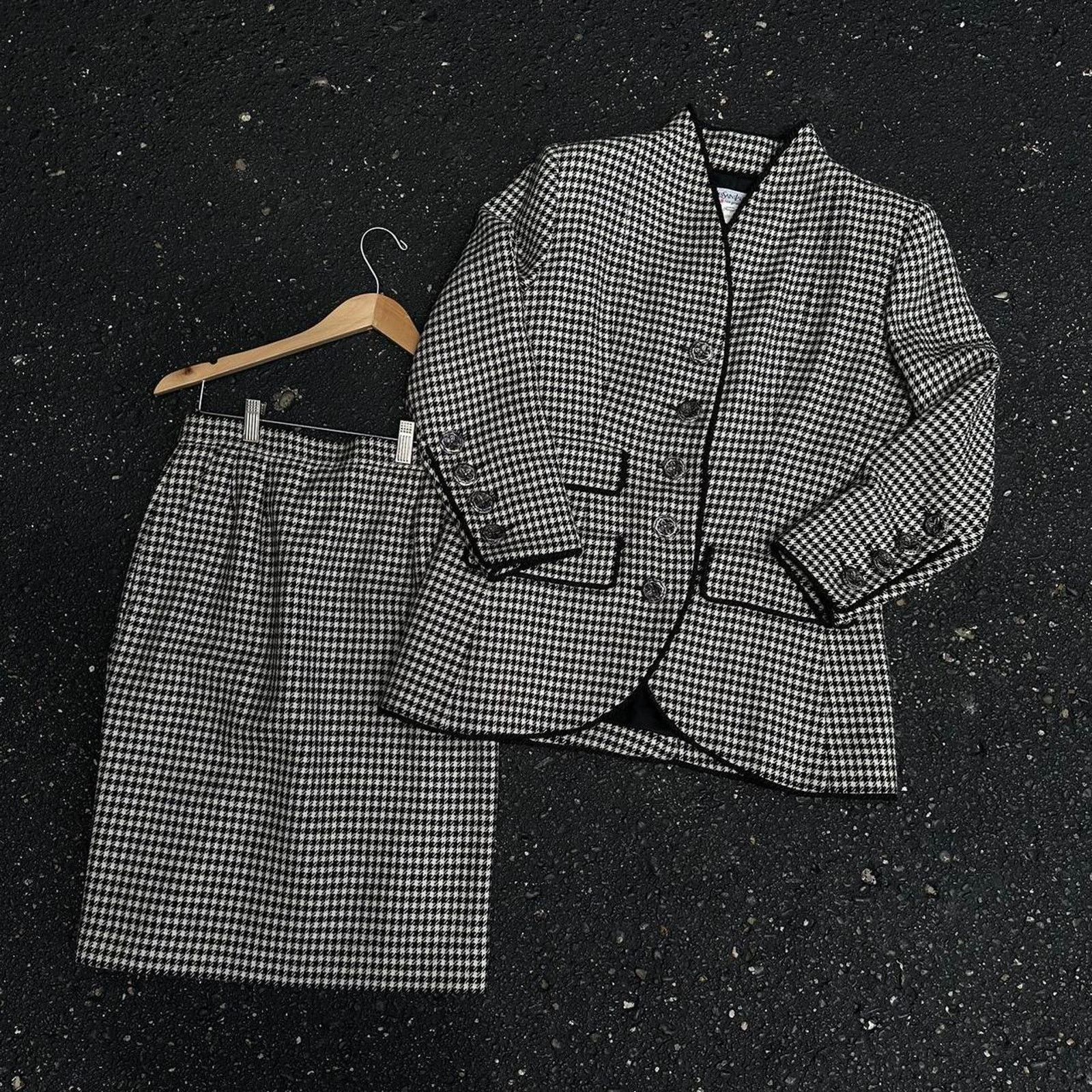 image of Vintage 80's YVES Saint Laurent Houndstooth Skirt Blazer Set in Black, Women's (Size Large)