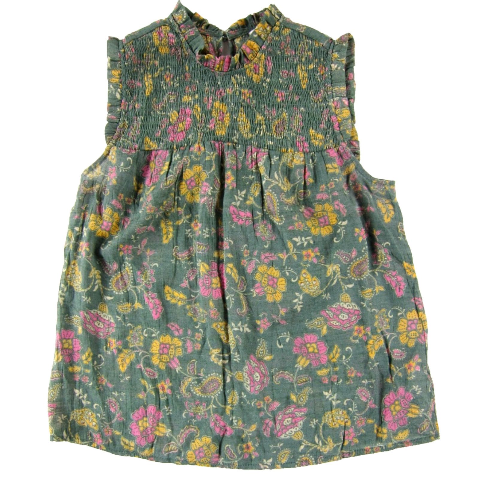 Nanette Lepore Nanette Lepore Blouse Shirt S Green Floral Sleeveless Mock Neck Ruffle Neck 65% rayon 35% polyester Size S / US 4 / IT 40 - 2 Thumbnail
