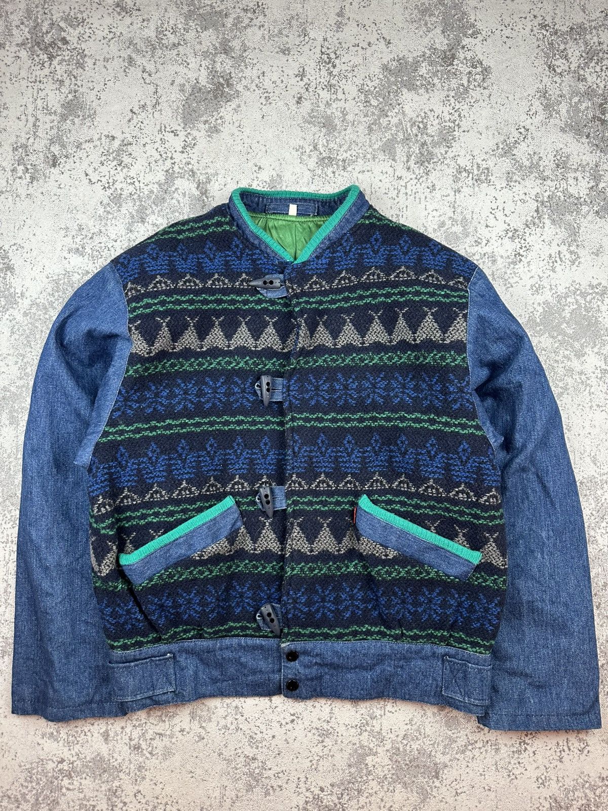 Designer Vintage Rockbox Wool Denim Hybrid Jacket Nordic Knit Pattern Size US M / EU 48-50 / 2 - 1 Thumbnail