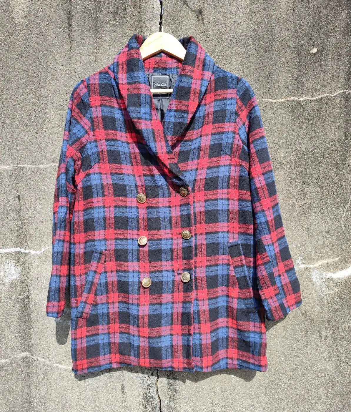 Vintage Swelish Double-Breasted Plaid Peacoat – Size M