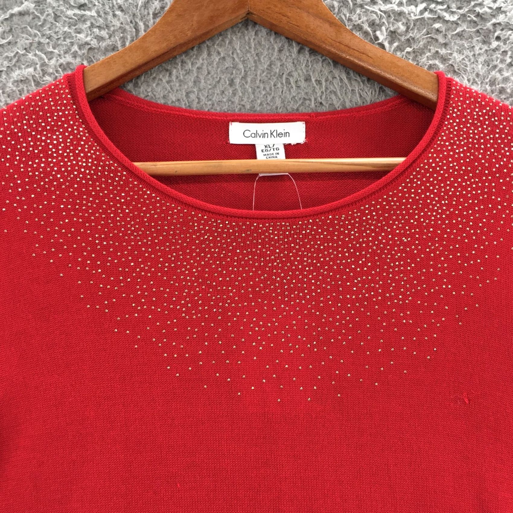 Calvin Klein Calvin Klein Collection Knit Tee Top Womens XL Red Cotton Blend Sequins Round Neck Pullover Shirt Womens XL Red Sequins Knit Tee Top Size XL / US 12-14 / IT 48-50 - 4 Thumbnail