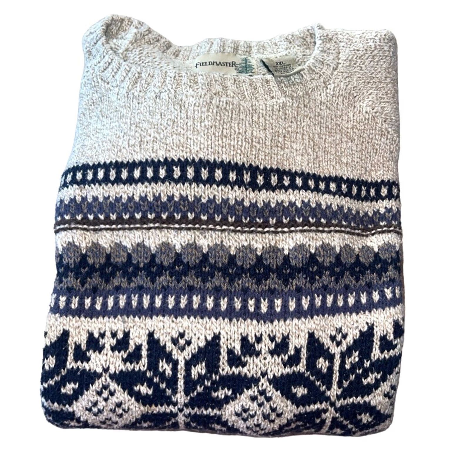 Vintage VINTAGE Fieldmaster Men's Sweater Crewneck 2XL Tan Blue Snowflakes Winter Ski Pattern Knit USA Regular Mens Size US XXL / EU 58 / 5 - 4 Thumbnail