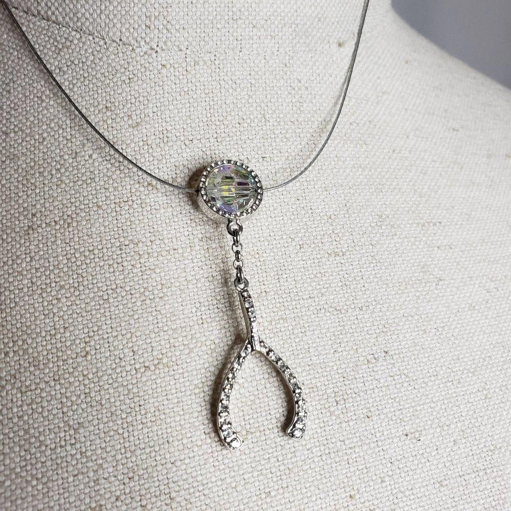 Designer Wired Wishbone & Crystal Pendant Necklace Size ONE SIZE - 3 Thumbnail