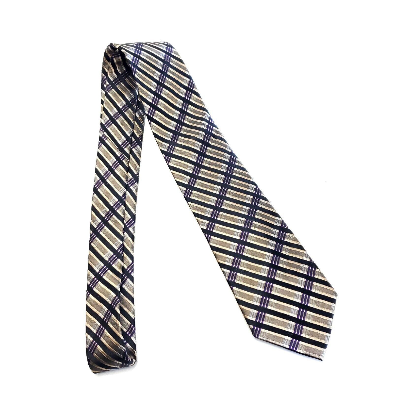 Pronto Uomo Pronto Uomo Couture Woven Tan Black Purple Plaid Silk Tie Size ONE SIZE - 6 Thumbnail
