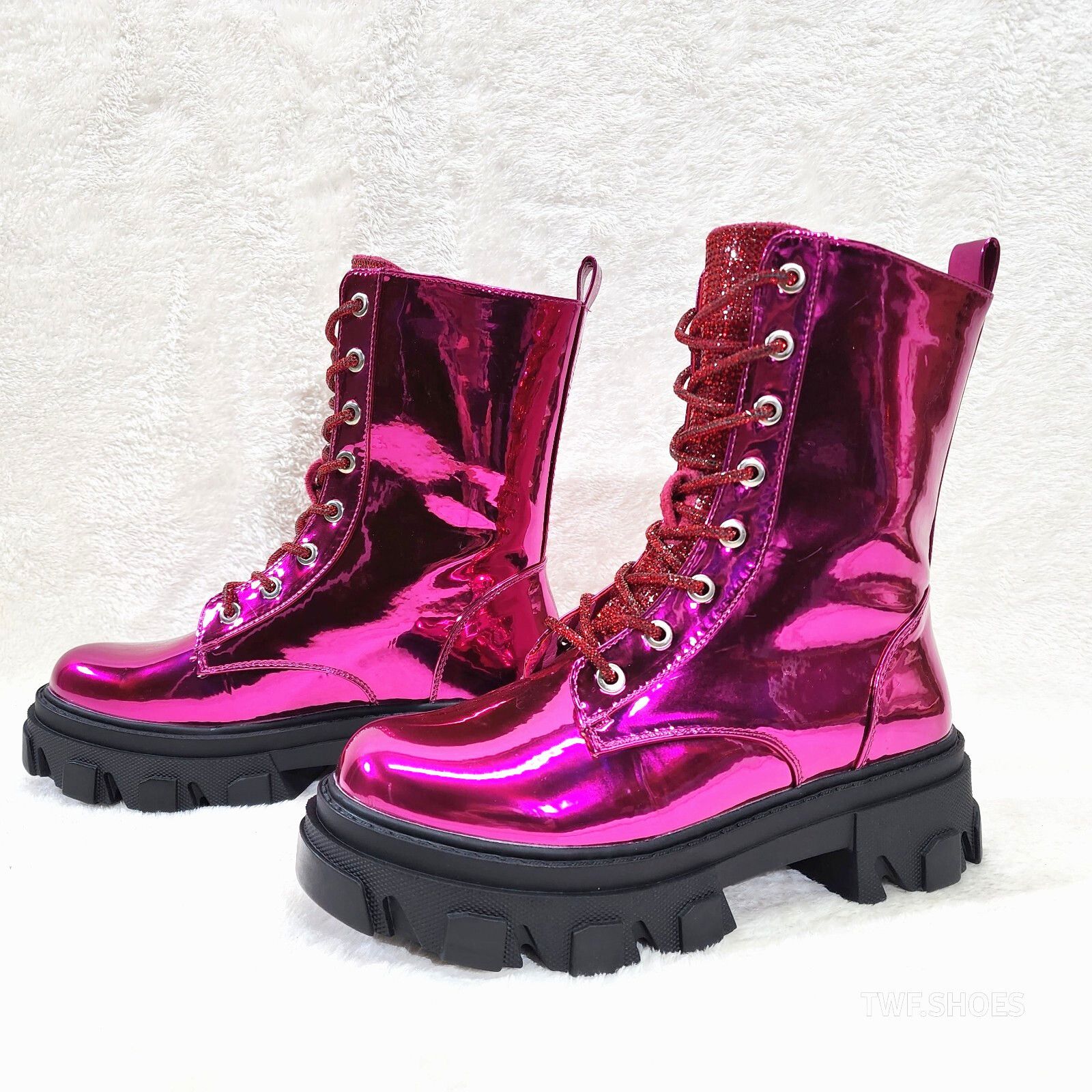 Other Rowan Metallic Pink Combat Ankle Boots Iridescent Rhinestone Size US 7 / IT 37 - 2 Thumbnail