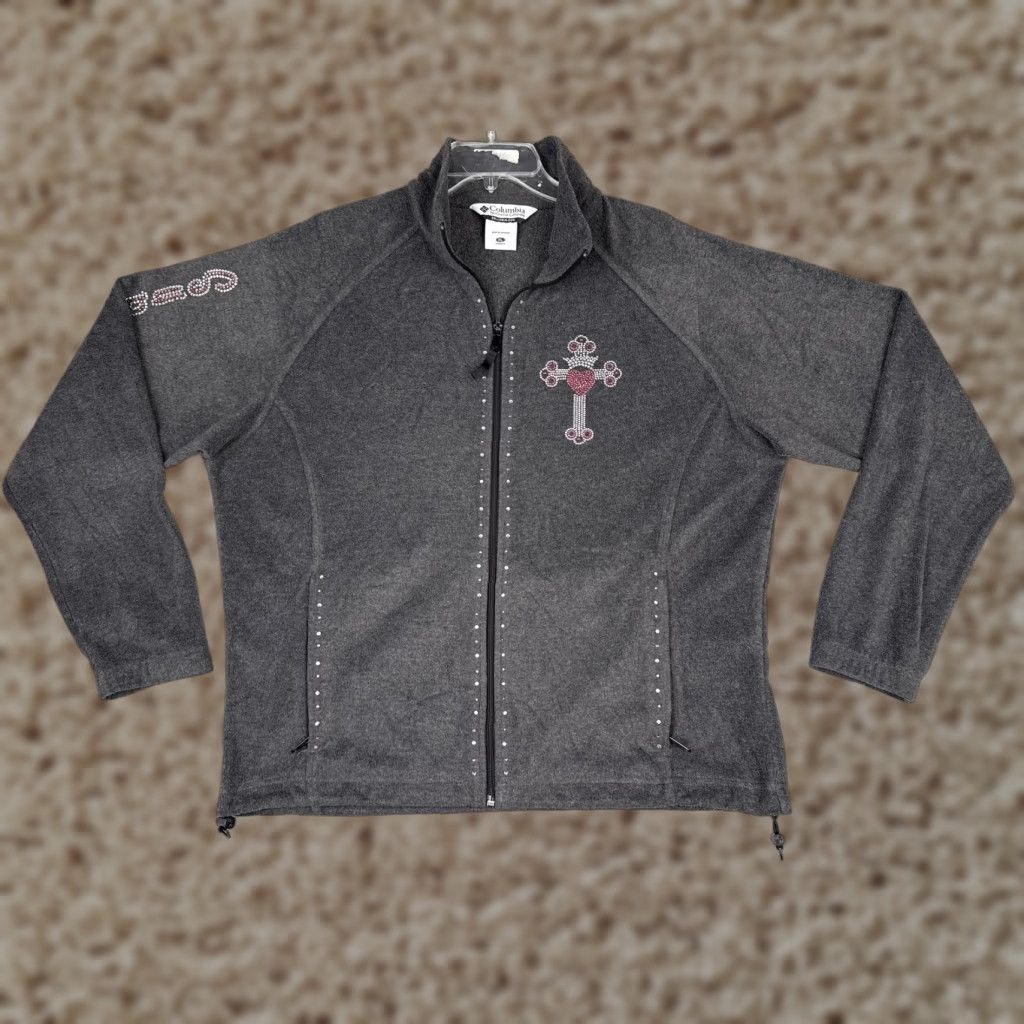 Pinko Columbia Jacket Women XL Gray Full Zip Rhinestone Cross Heart Pink Ribbon Fleece Size XL / US 12-14 / IT 48-50 - 1 Thumbnail