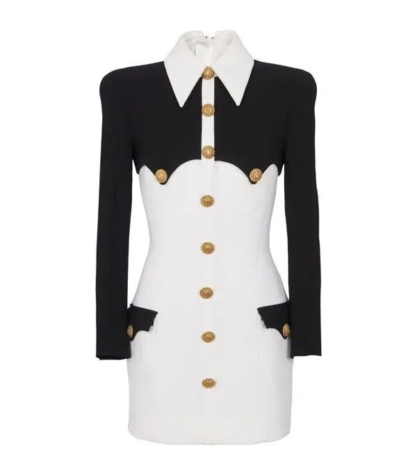Balmain o1s1wg110825 Wool Crepe Mini Dress in White/Black Size XL / US 12-14 / IT 48-50 - 1 Thumbnail