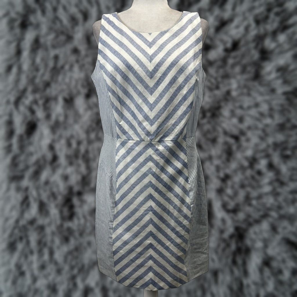 Vintage ANA Linen Blend Dress Sz L VGUC Sleeveless Knee Length Sheath Lined Striped Womens Blue White Size L / US 10 / IT 46 - 1 Thumbnail