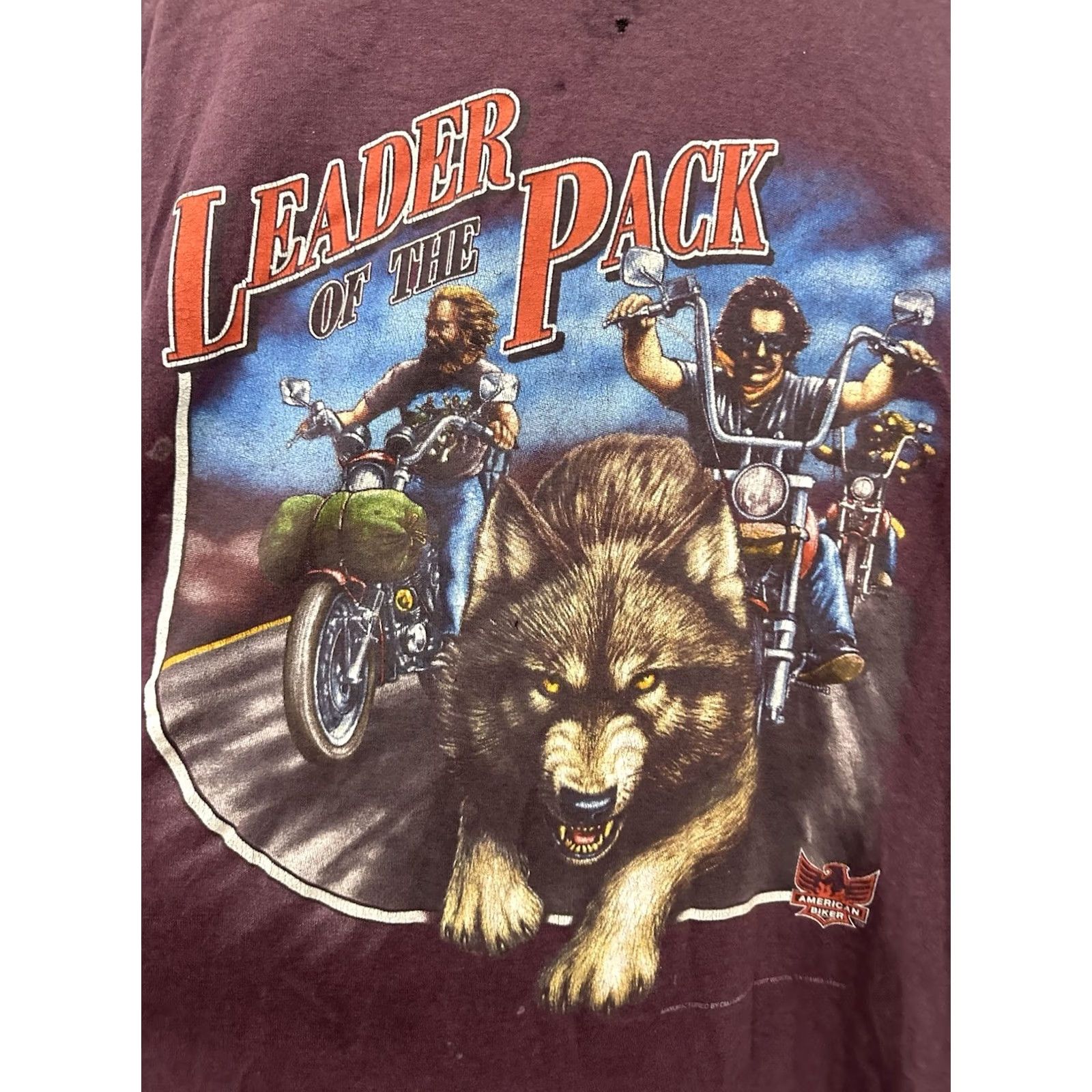 Vintage VTG 3D Emblem Leader Of The Pack Alpha Wolf Biker T-Shirt L Burgundy Mens Short Sleeve 50/50 Distressed Size US L / EU 52-54 / 3 - 4 Thumbnail