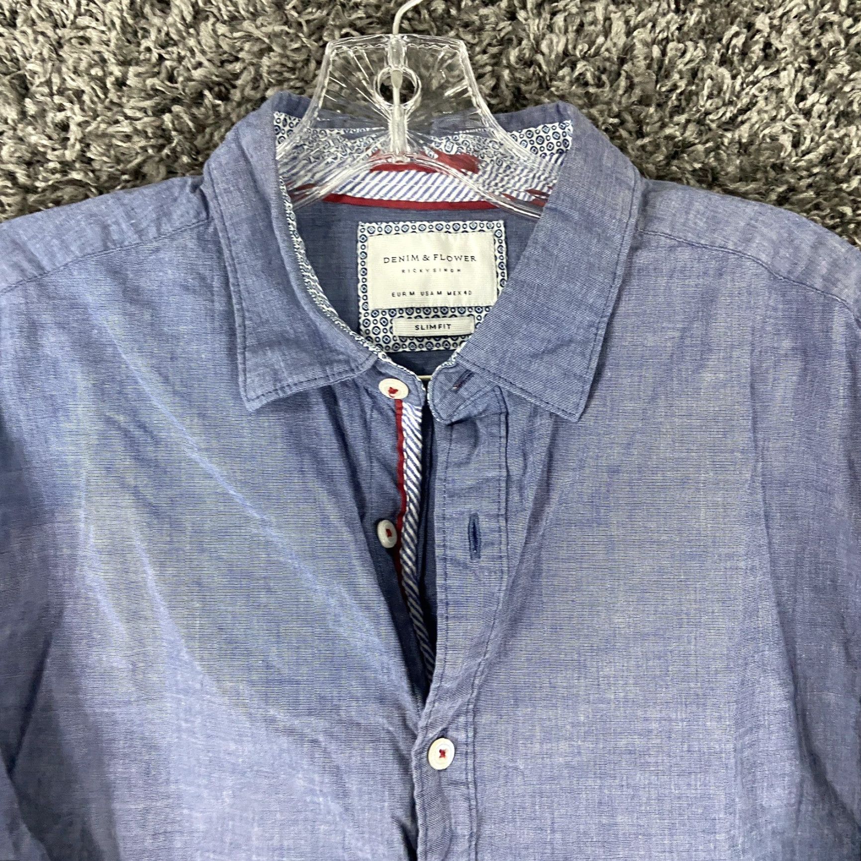 Denime DENIM & FLOWER Button-Up Shirt Men M Long Sleeve Blue Floral Back Color Change Fabric Denim Mens M Blue Floral Shirt Size US M / EU 48-50 / 2 - 5 Thumbnail