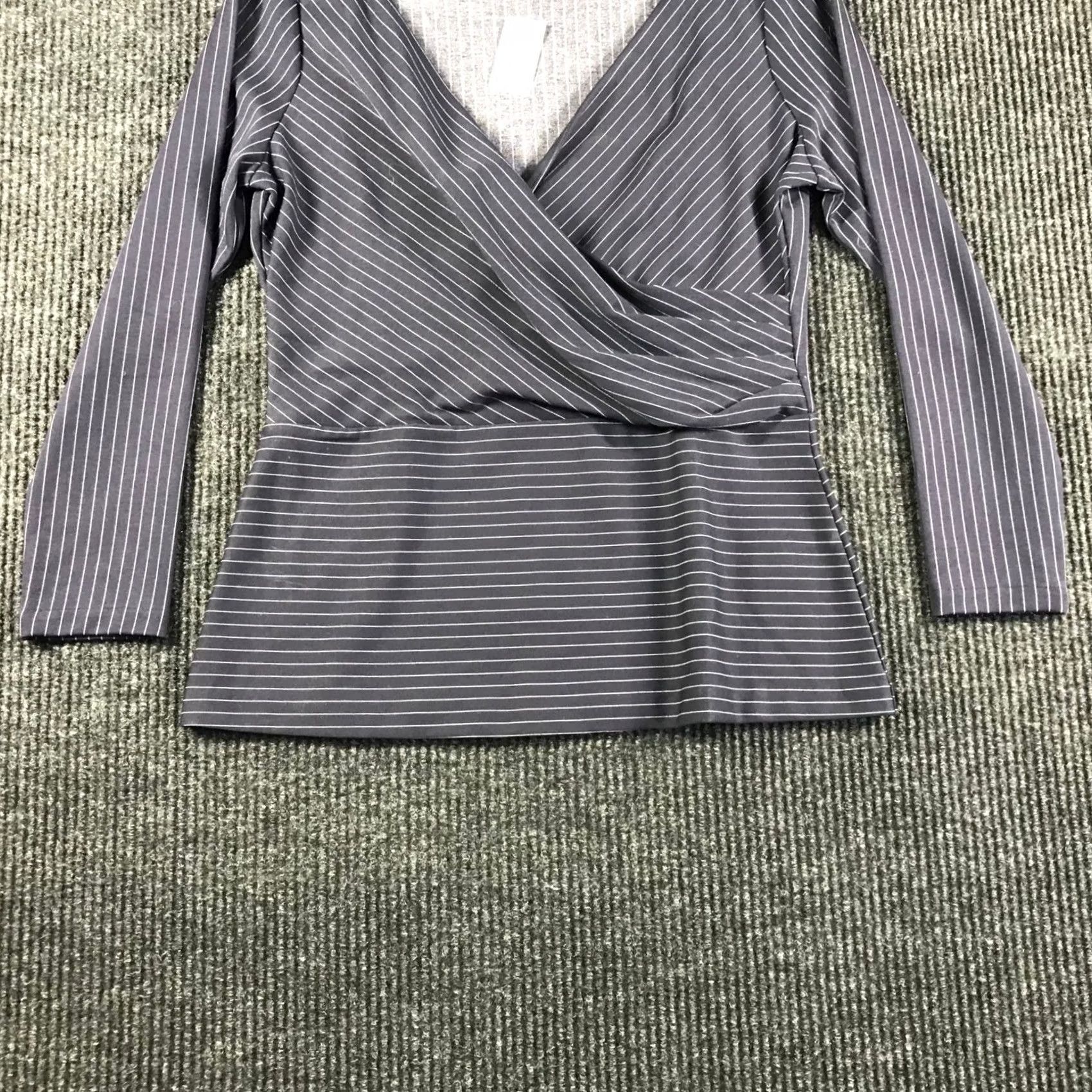 Ann Taylor Ann Taylor Navy Blue Pinstripe Wrap Front Peplum Top Long Sleeve M Womens Shirt Size M / US 6-8 / IT 42-44 - 3 Thumbnail