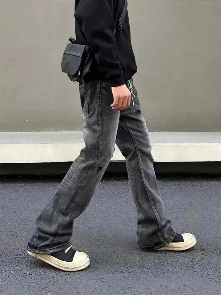 Japanese Brand Black straight leg distressed jeans Size US 32 / EU 48 - 3 Thumbnail