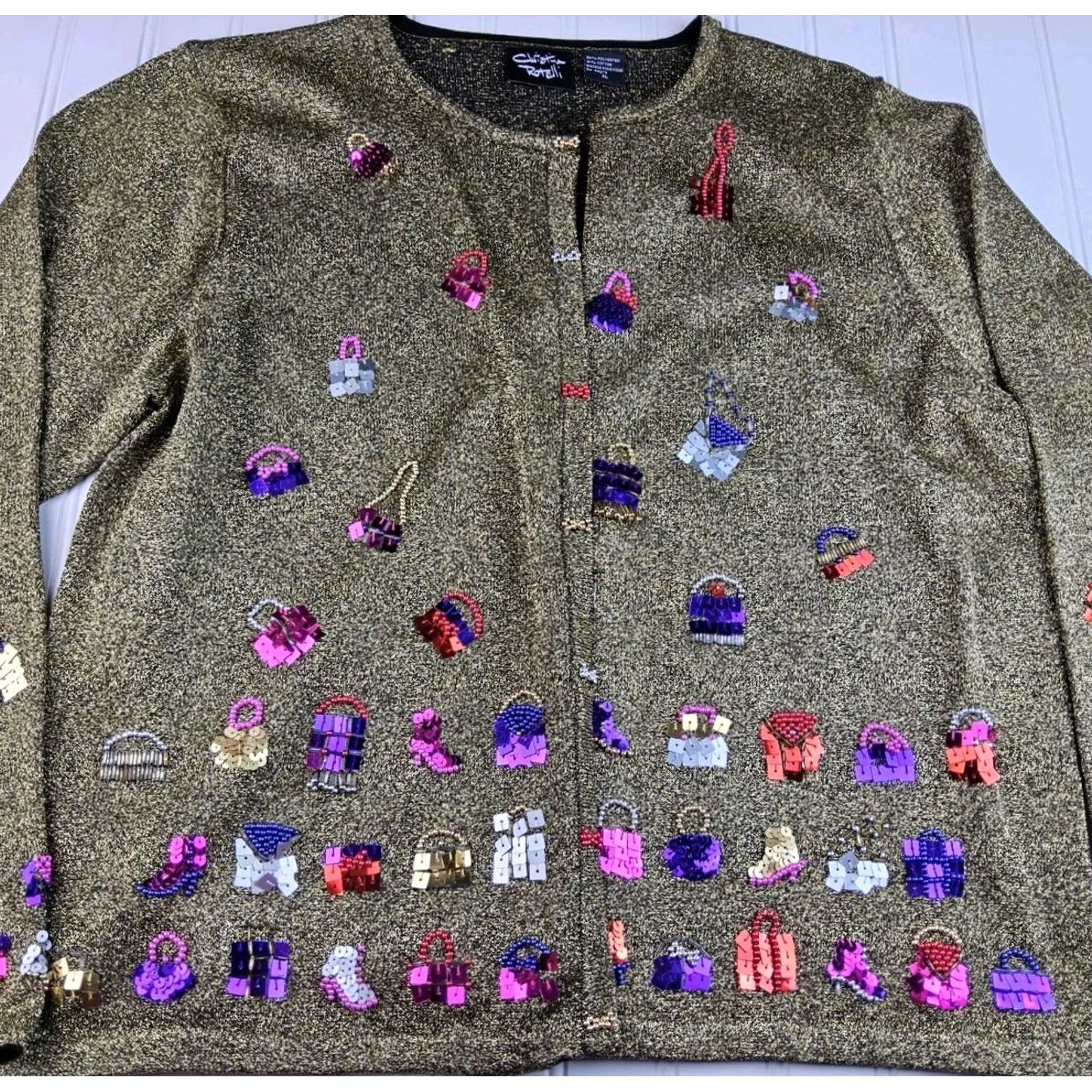 Vintage VINTAGE Christina Rotelli Cardigan XL Gold Metallic Beaded Sequins Purses Shoes Womens Size XL / US 12-14 / IT 48-50 - 3 Thumbnail