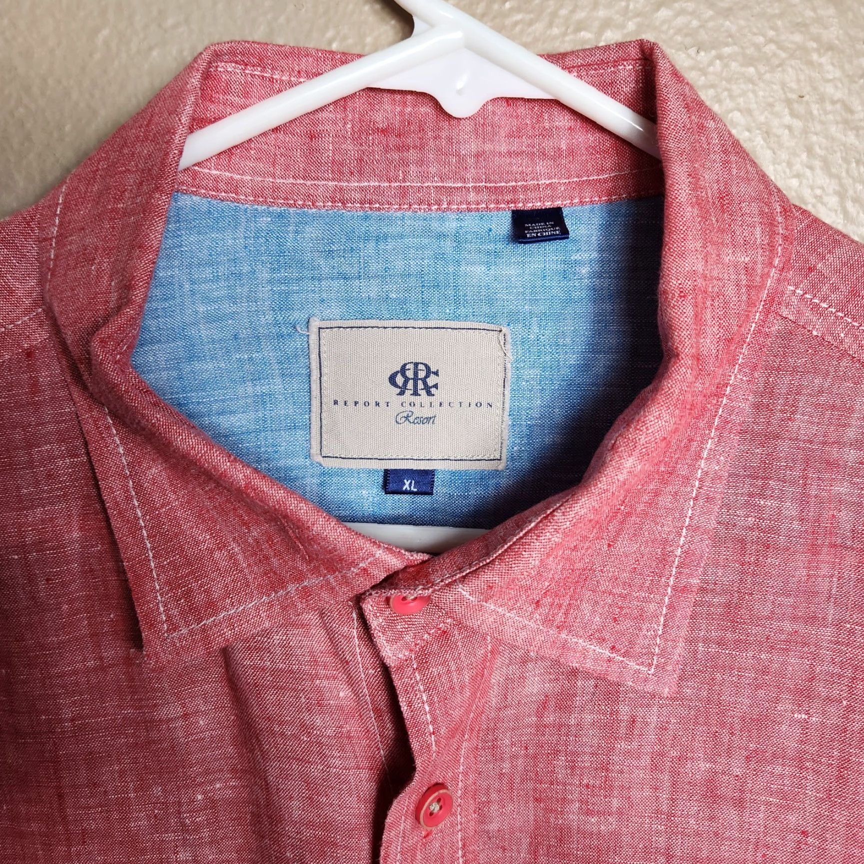 Vintage Report Collection Linen Cherry Red Long Sleeve Buttonfront Shirt XL Mens | Button-Up | Solid | Breathable | Beach Resort Theme | Regular Fit Size US XL / EU 56 / 4 - 2 Thumbnail