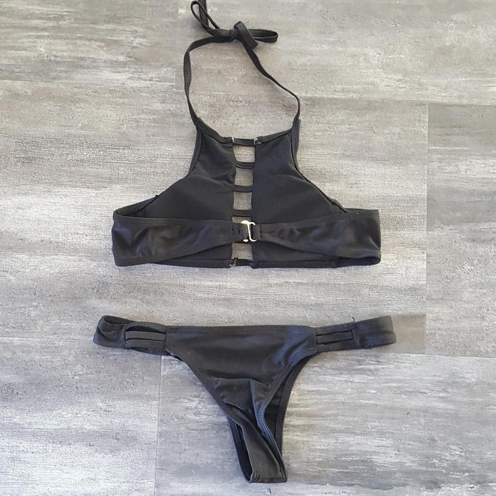 Designer Black High Neck Strapped Bikini Set Size ONE SIZE - 2 Thumbnail