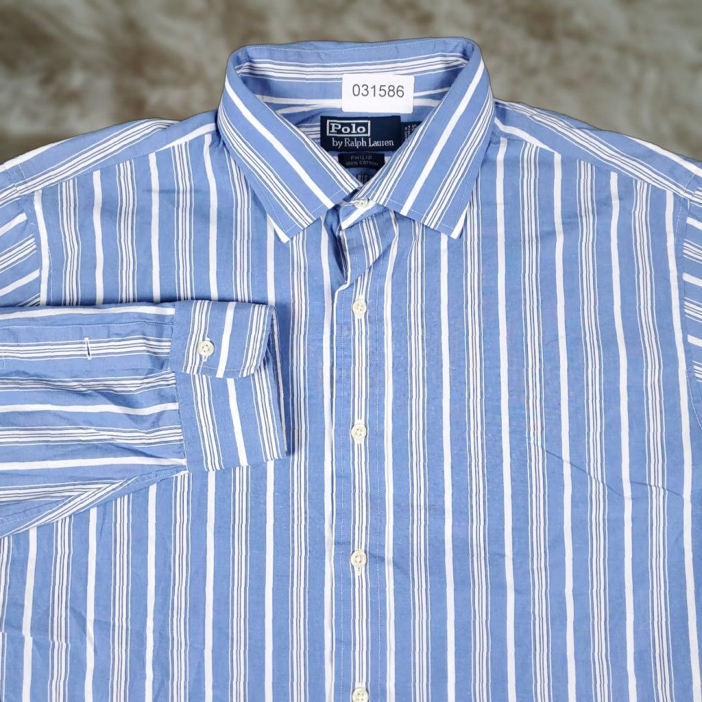 Ralph Lauren Ralph Lauren Dress Shirt Mens 17.5 Blue Striped Long Sleeve Button Up Regular Fit Size 46R - 1 Thumbnail