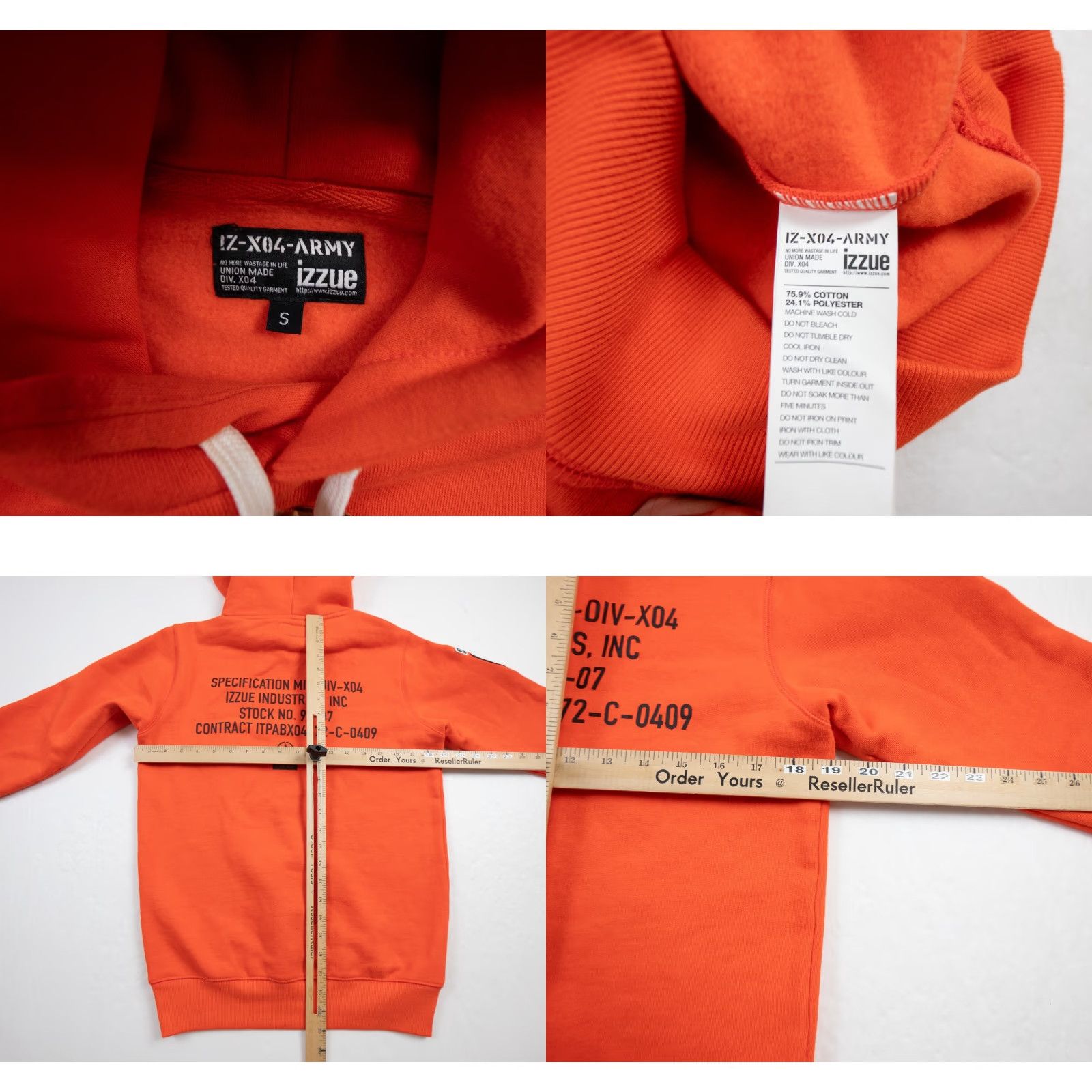 izzue Izzue Mens Hooded Sweatshirt Small Orange Pullover Sweatshirt IZ X04 ARMY Sweater Adult Size US S / EU 44-46 / 1 - 8 Thumbnail