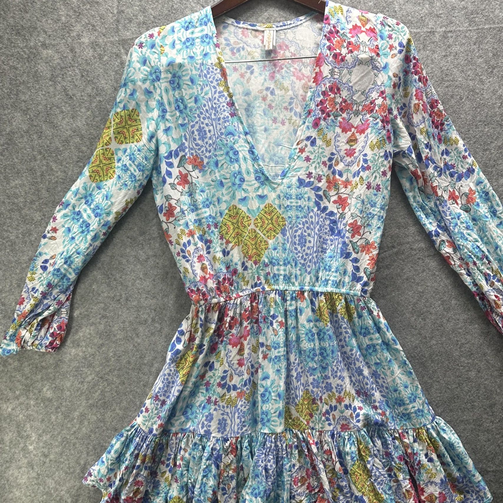 Vintage Luli Fama Dress Womens M Blue Floral Boho Ruffle Hem Long Sleeve Mini Beach Size M / US 6-8 / IT 42-44 - 4 Thumbnail