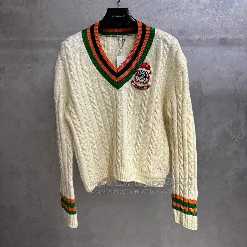 Loewe Loewe White Striped V-neck Pullover Sweater Size L / US 10 / IT 46 - 1 Thumbnail