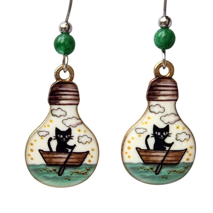 Other Cat in Boat Lightbulb Dangle Earrings Handmade Green Bead Size ONE SIZE - 3 Thumbnail