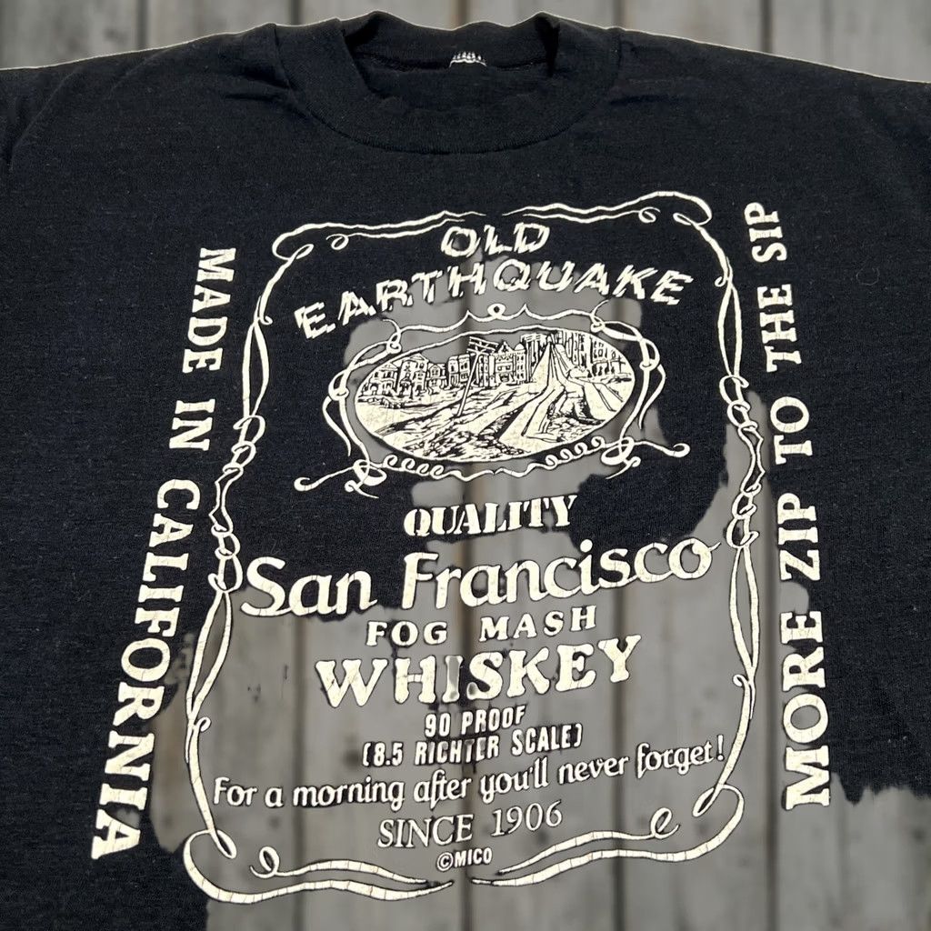 Vintage VINTAGE Old Earthquake Fog Mash Whiskey San Francisco t shirt Men Large Black Cotton 1980s Unbranded Graphic Tee Mens Size US L / EU 52-54 / 3 - 1 Thumbnail