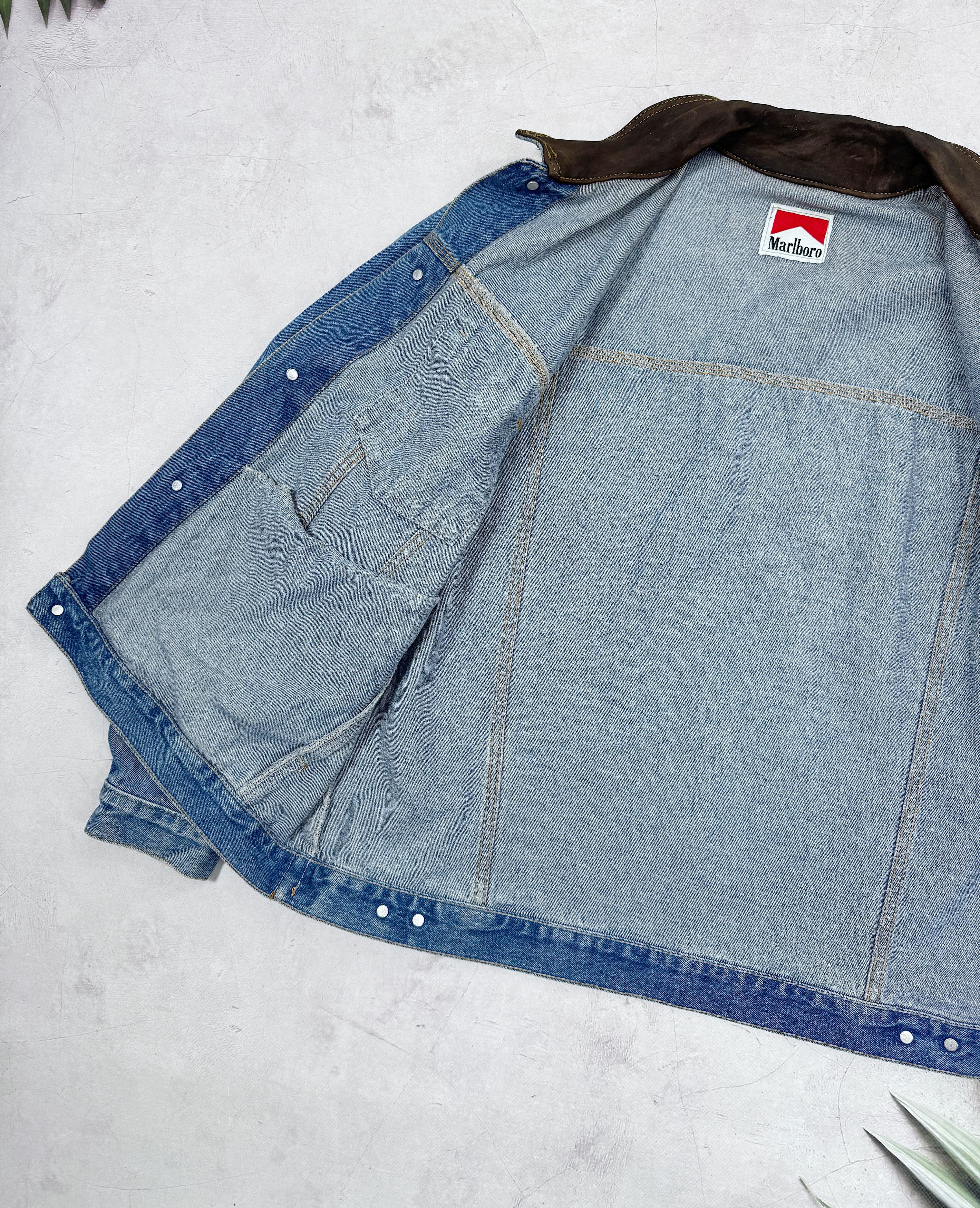 Marlboro × Vintage Vintage Marlboro Denim Jacket & Leather Collar Size US XL / EU 56 / 4 - 8 Thumbnail