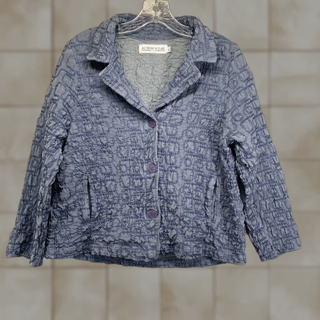 4SDESIGNS VINTAGE Action Wear Women's Jacket Size Large Blue Textured Embroidered Geometric 80s Casual Western Size L / US 10 / IT 46 - 1 Thumbnail