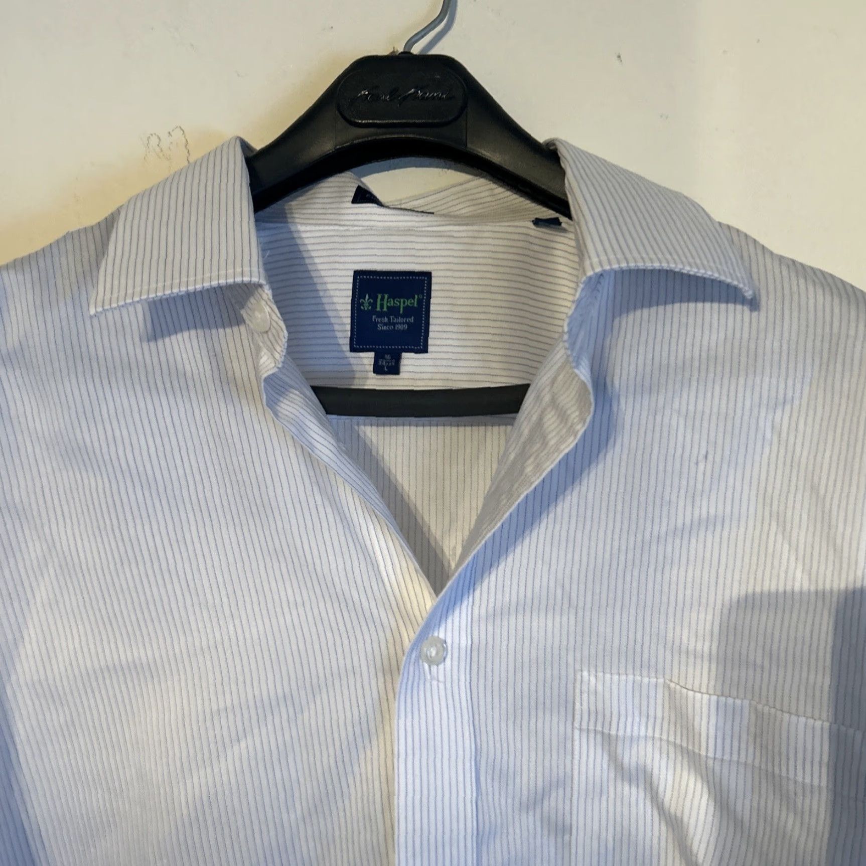 Vintage Haspel Dress Shirt Men 16 Striped Blue Cotton Long Sleeve Point Barrel Cuff 100% Cotton Size 42R - 6 Thumbnail