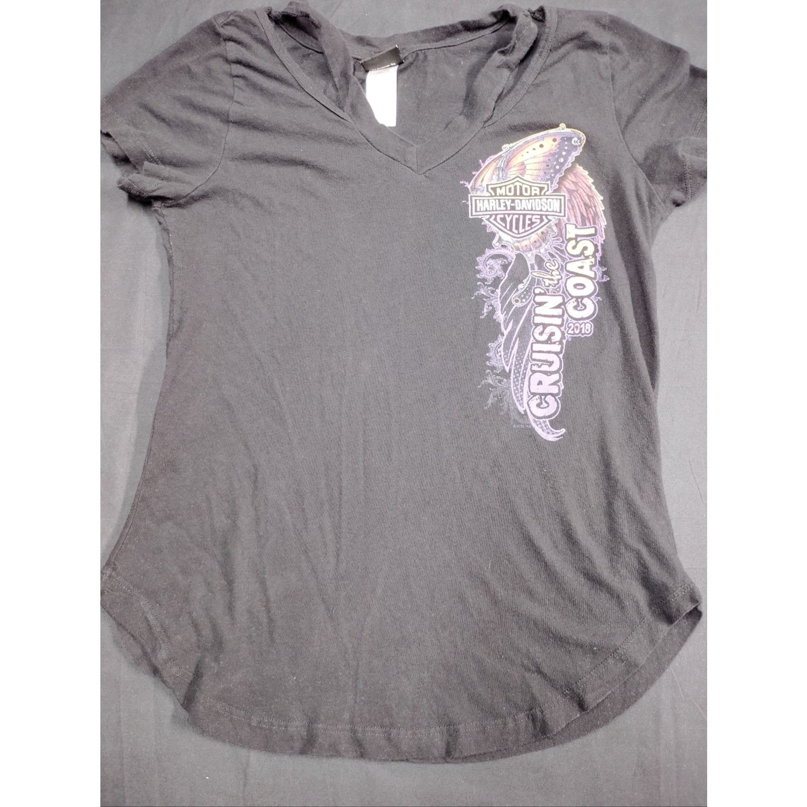 Harley Davidson Harley-Davidson Black V-Neck Cutout Tee with Purple Graphic Size S / US 4 / IT 40 - 1 Thumbnail