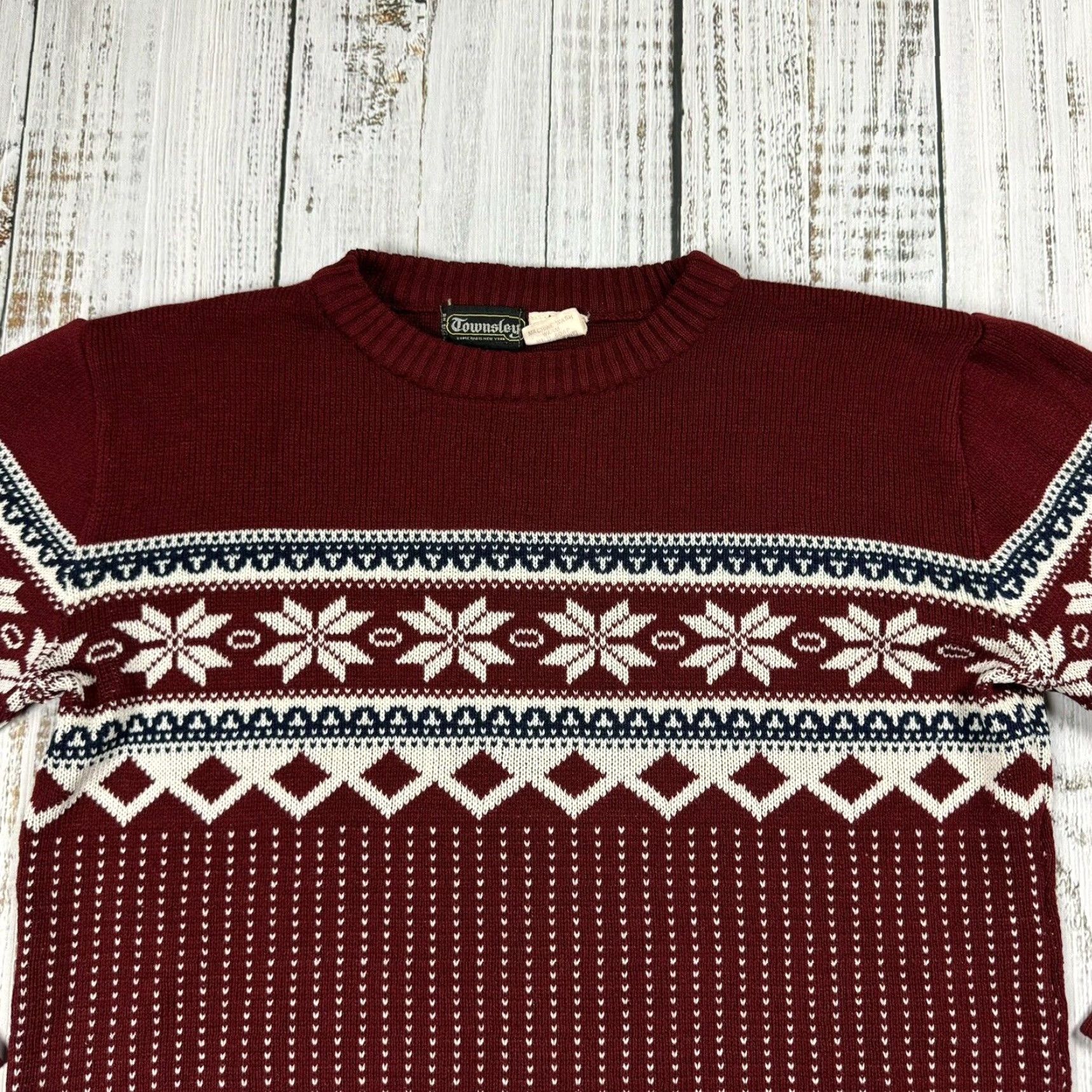 Vintage VTG Townsley Nordic Winter Sweater Shirt Mens Small Maroon Acrylic Patterned 80s Christmas Ugly Sweater Men’s S Size US S / EU 44-46 / 1 - 2 Thumbnail