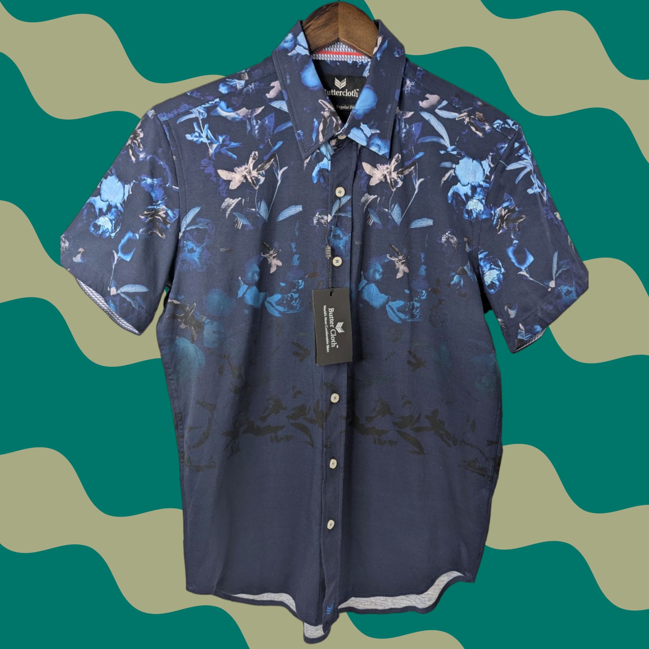 Buttercloth Button-Up Shirt Mens M Blue Abstract Print Short Sleeve Regular Fit