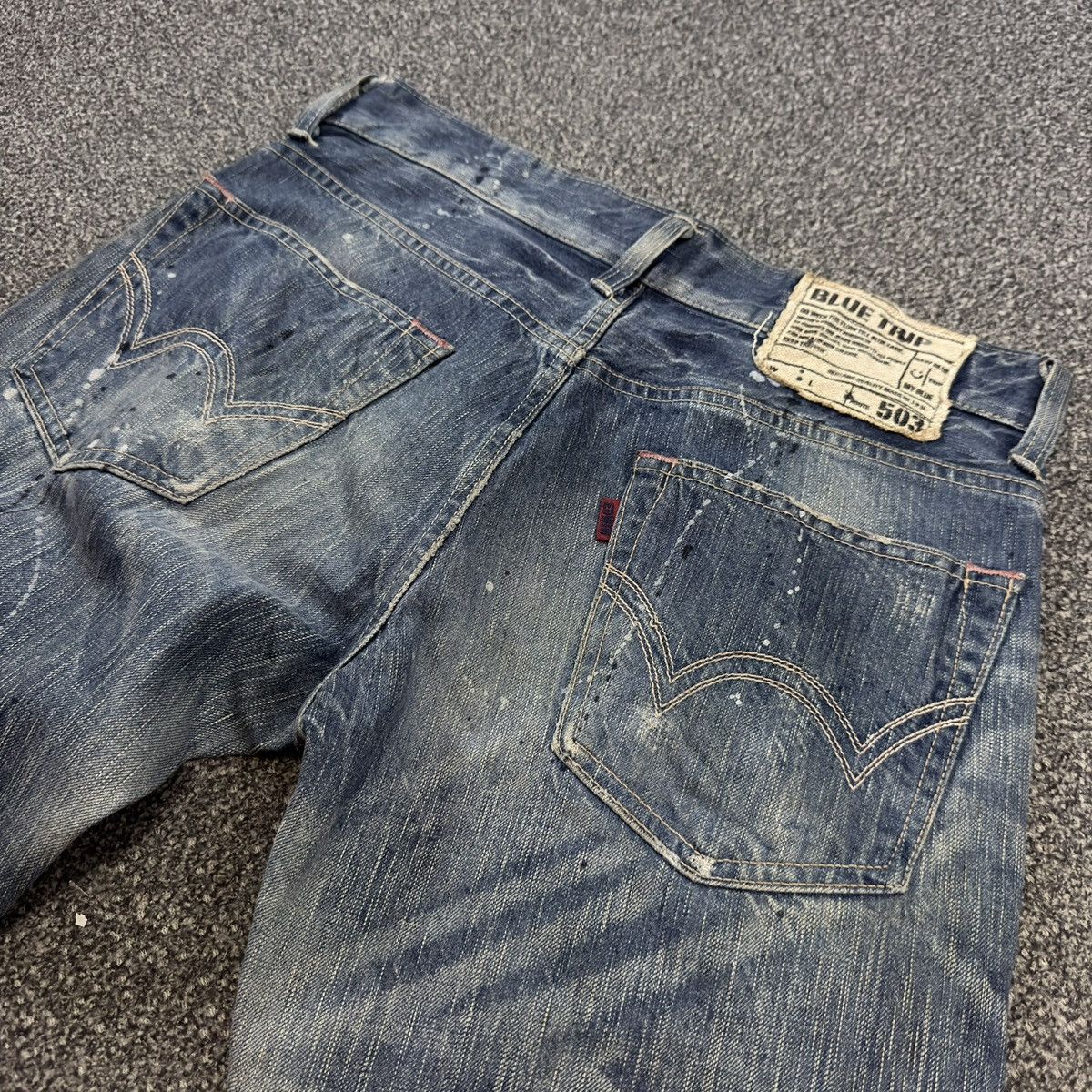 Seditionaries 🇯🇵 Vintage 90s Edwin 503 Blue Trip Distressed Splash Paint Size US 30 / EU 46 - 8 Thumbnail