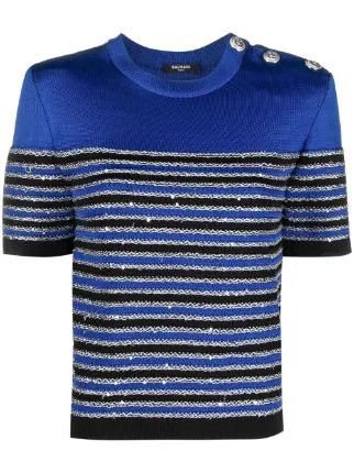 o1srvl11e0524 SS 3 BTN Striped Kint Top in Black Blue