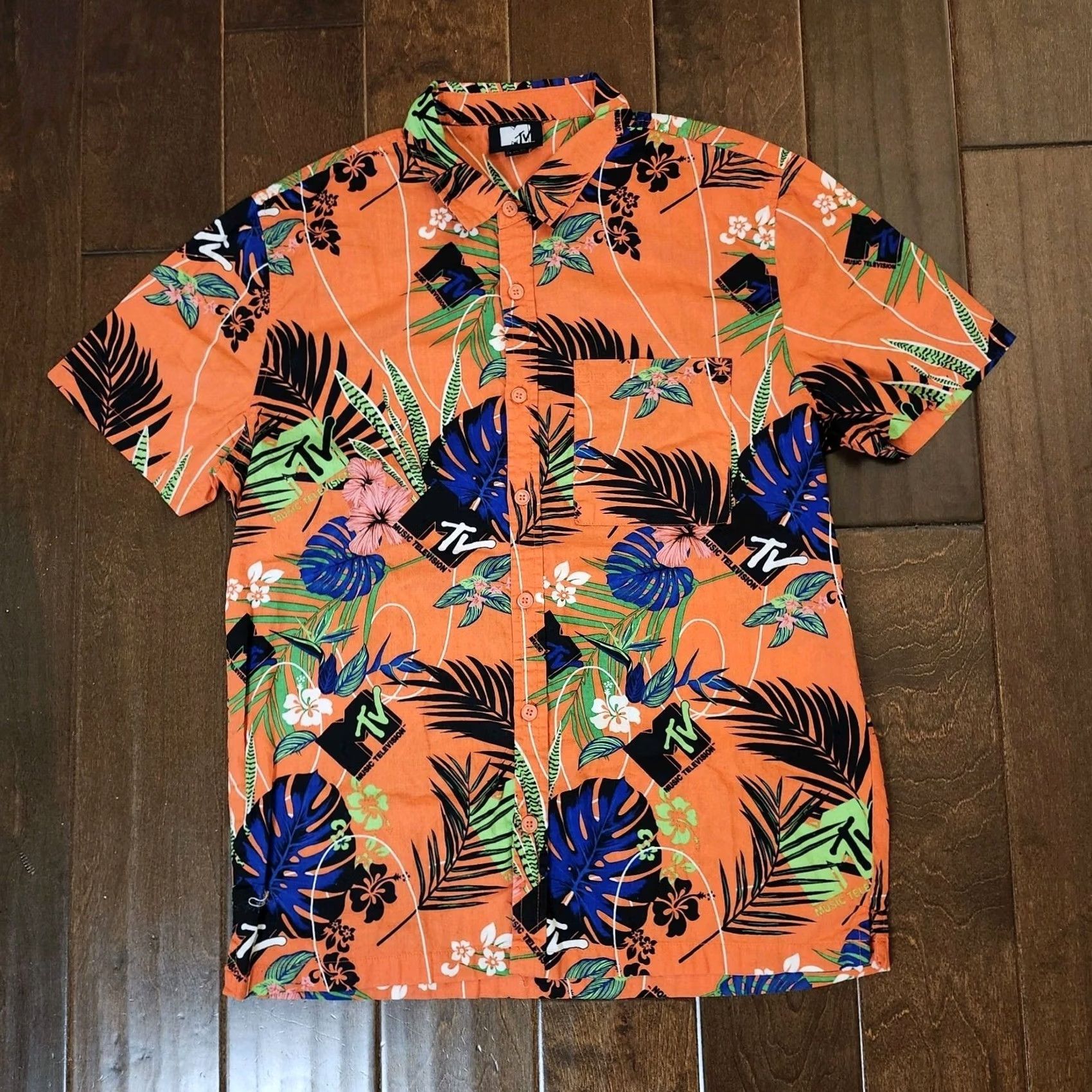 Logo 7 MTV Hawaiian Shirt Adult Large Orange Floral Logo Button Up Short Sleeve Mens Size US L / EU 52-54 / 3 - 2 Thumbnail