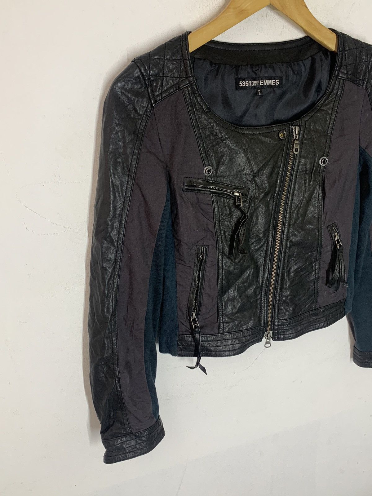 5351 POUR LES HOMMES × Japanese Brand 5351 Pour Les Femmes Cropped Leather Hybrid Jacket Size XS / US 0-2 / IT 36-38 - 3 Thumbnail
