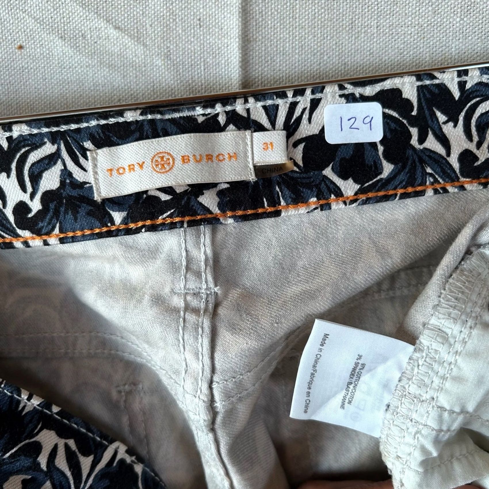 Tory Burch Tory Burch Navy White Floral Print Skinny Pants Stretch Cotton Size 31 Size 24" / US 00 / IT 34 - 2 Thumbnail