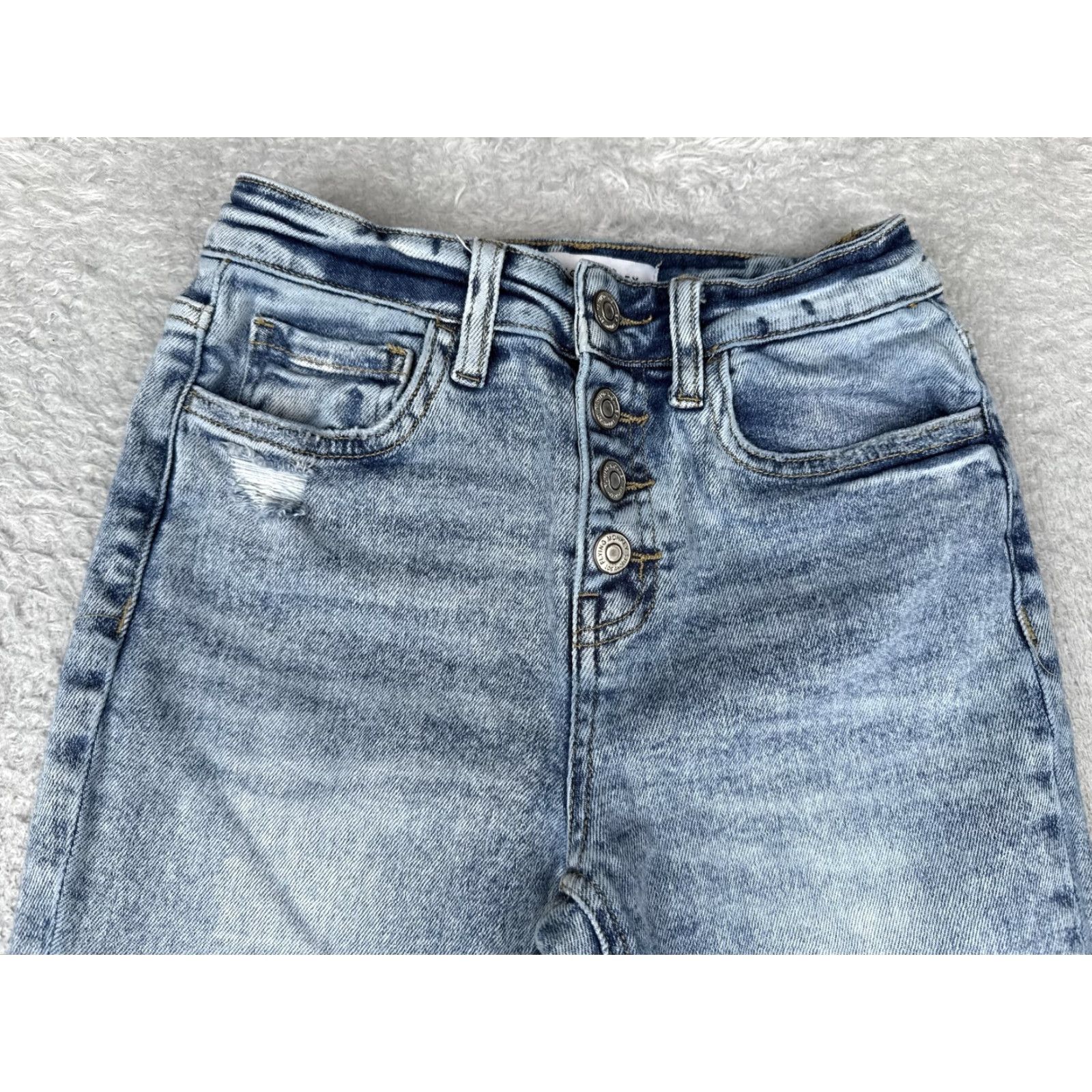 Vintage Flying Monkey Jeans Womens 24 Light Wash High Rise Button Fly Distressed Flare Jeans Size 42" / US 20 - 4 Thumbnail