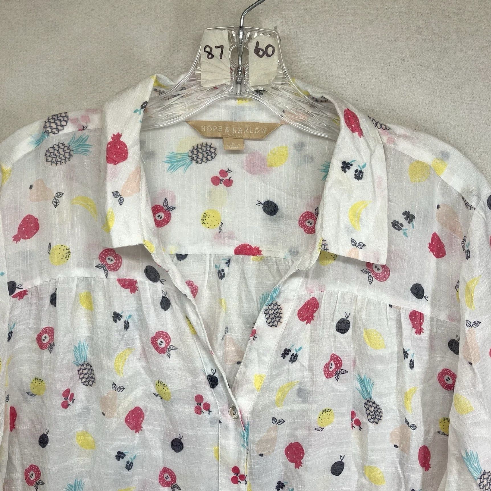 Vintage Hope & Harlow Women's Shirt Tunic L White Floral Fruit Pattern Button-Up Sheer Lightweight Summer Spring Casual Womens Size L / US 10 / IT 46 - 4 Thumbnail