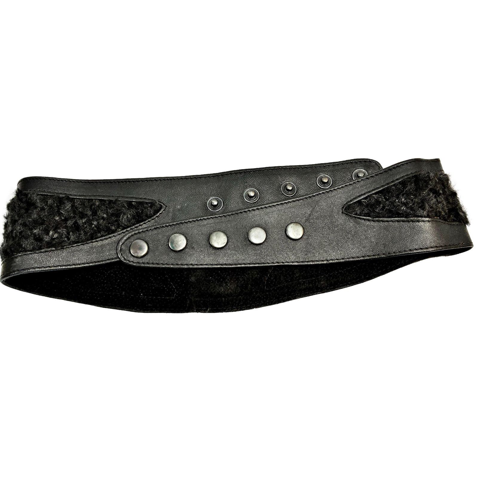 Genuine Leather × Vintage 80s GLAM Black Leather Persian Lamb Wide Waist Belt Size ONE SIZE - 12 Thumbnail