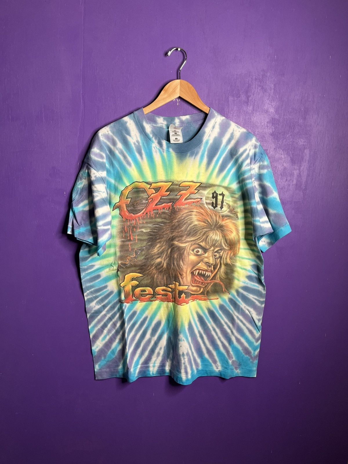 Band Tees × Vintage Vintage 1997 Ozzfest screaming head tie dye t-shirt Size US XL / EU 56 / 4 - 1 Thumbnail