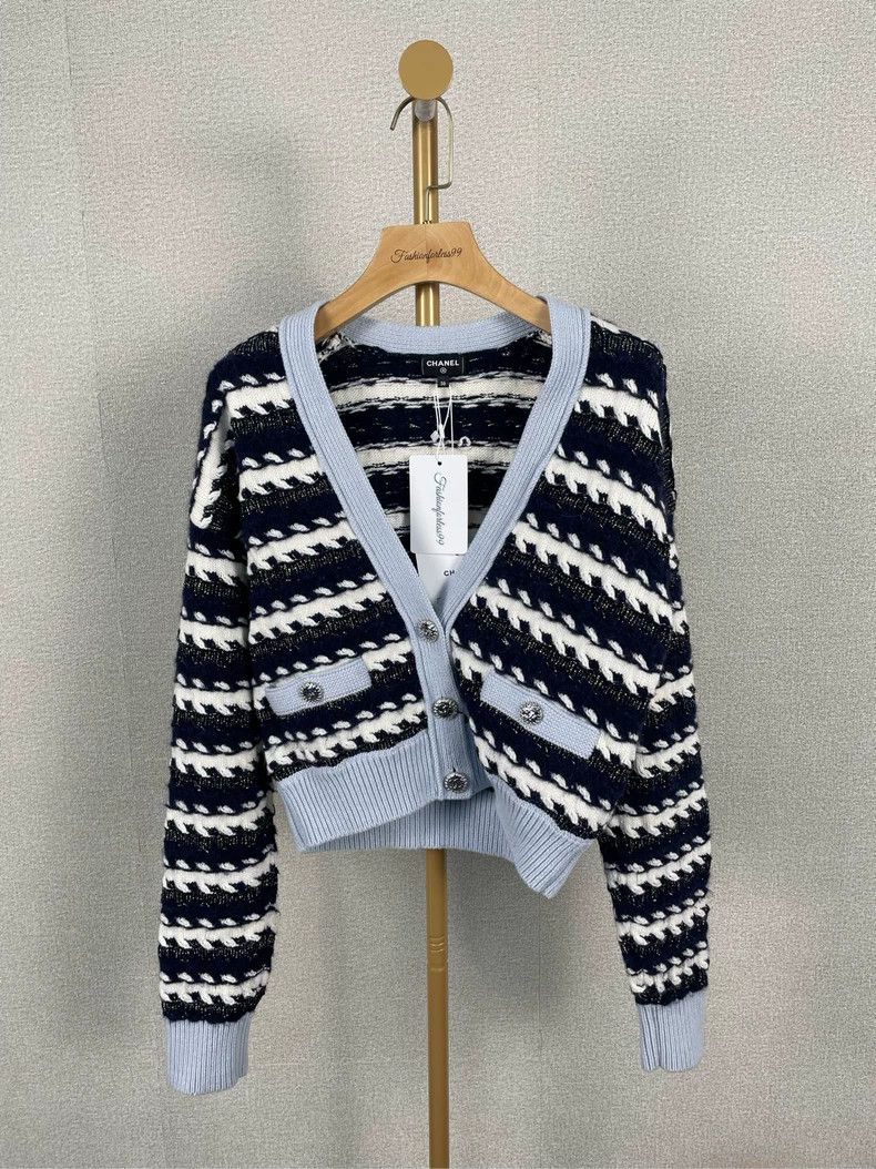 Chanel Blue Black Stripe Cardigan 36