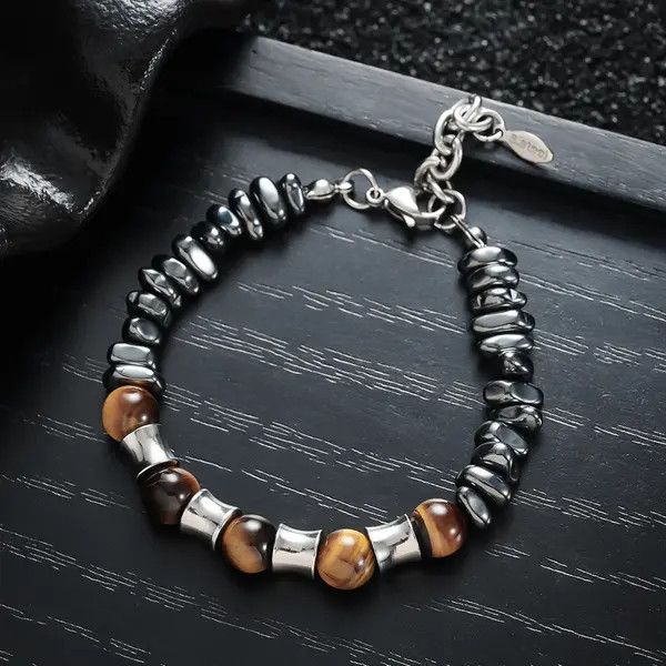 Jewelry Brown Tiger Eye Beaded Men's Bracelet, Silver Accent Size ONE SIZE - 7 Thumbnail