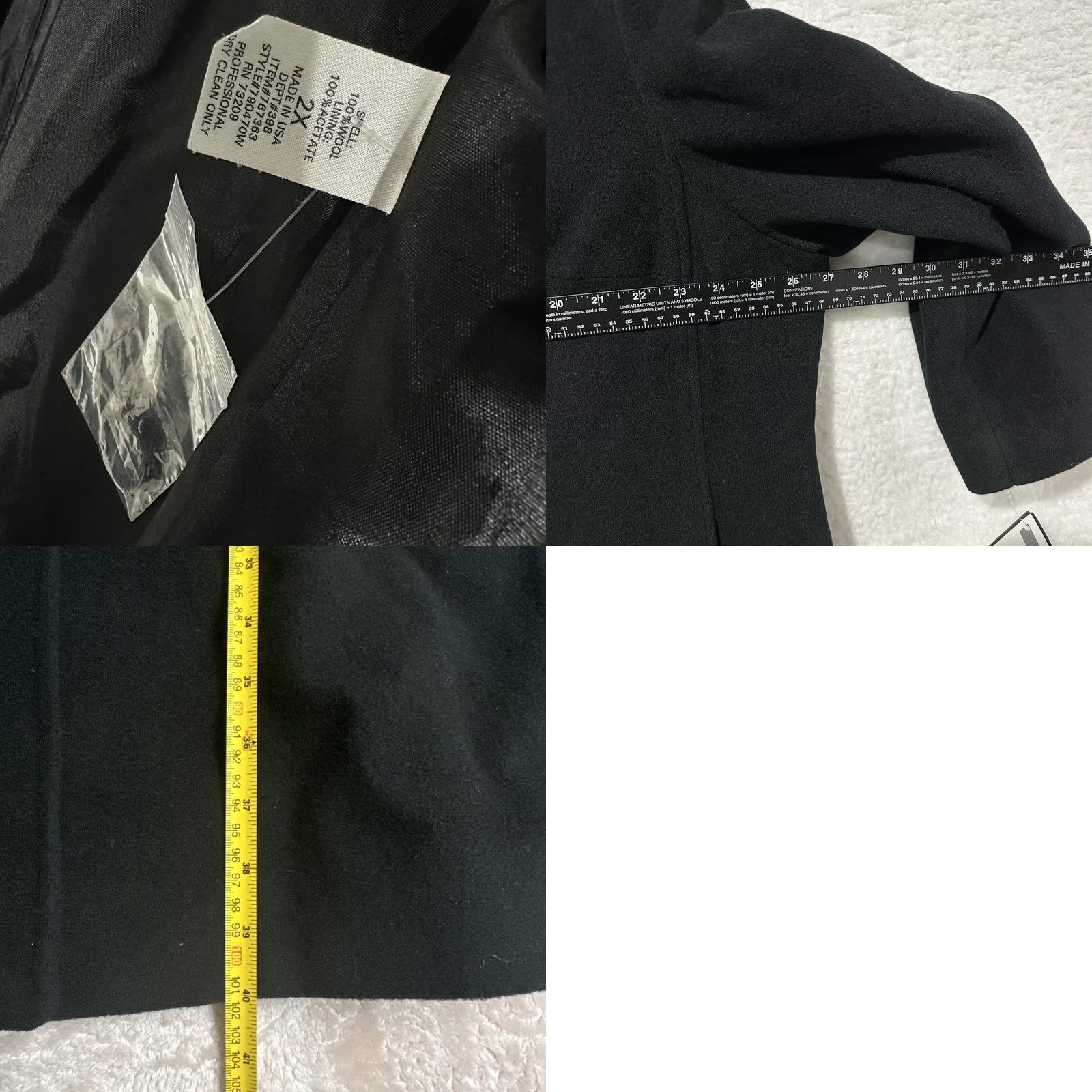 Vintage Marvin Richards Coat Women’s 2X Black 100% Wool 3 Button Front Lined Dry Clean 100% Acetate USA Made NWT Christmas City Fall Winter Size XXL / US 16-18 / IT 52-54 - 9 Thumbnail