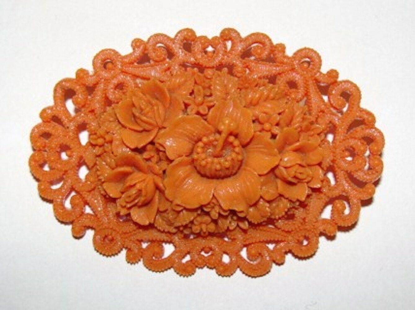 Designer Celluloid Faux Carved Red Coral Floral Motif Pin/Brooch Size ONE SIZE - 1 Thumbnail