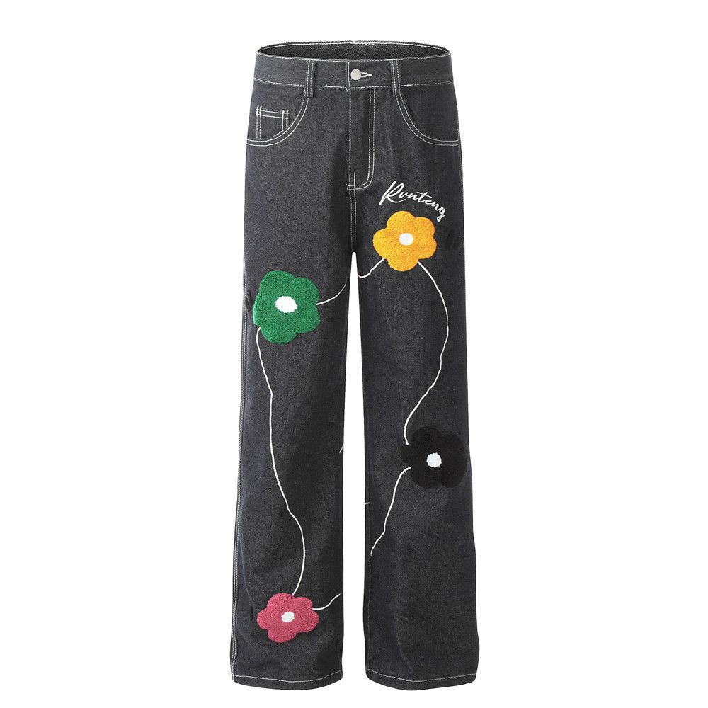 Japanese Brand × Jean Men's loose American straight jeans with floral embroidery Size US 32 / EU 48 - 1 Thumbnail