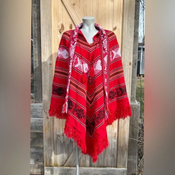 Other Vintage Red Knit Aztec Southwest Fish Fringe Poncho w/Scarf Size ONE SIZE - 3 Thumbnail