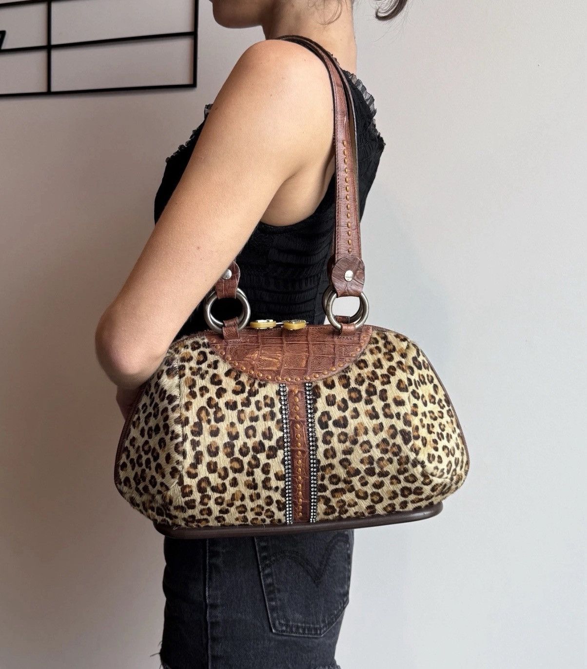 Vintage Alaluna Leopard Leather Brown hard Bag Vintage handmade Size ONE SIZE - 1 Thumbnail