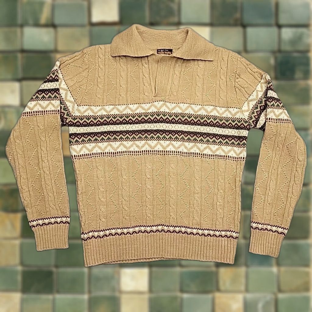 JCPenney VINTAGE JCPenney Sweater Mens M Tan Cable-Knit Fair Isle Outdoors Retro Preppy Men’s M Brown Casual V-Neck Knit Pullover Size US M / EU 48-50 / 2 - 1 Thumbnail